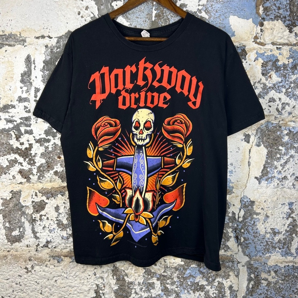 Tultex Parkway Drive T-Shirt Mens L Black Excellent 2010 Skull Anchor Tattoo Tee